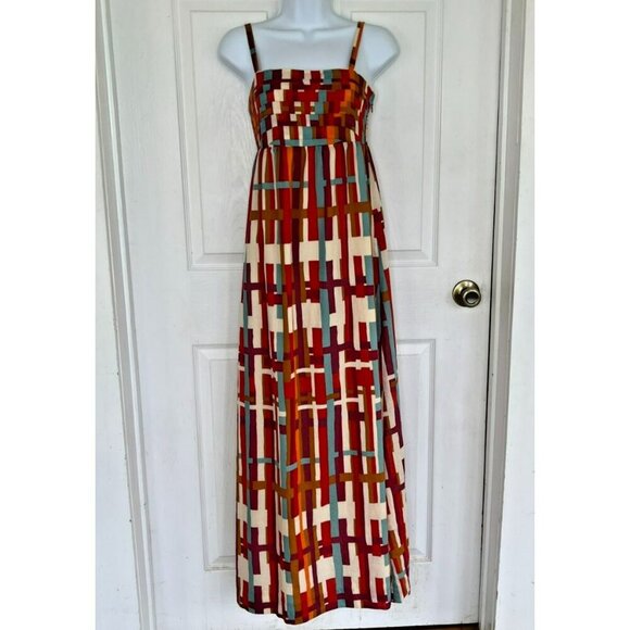 Fossil Babydoll Maxi Dress XS 100 % Cotton Lined Geometric Artsy Beachy Summer - Picture 1 of 11